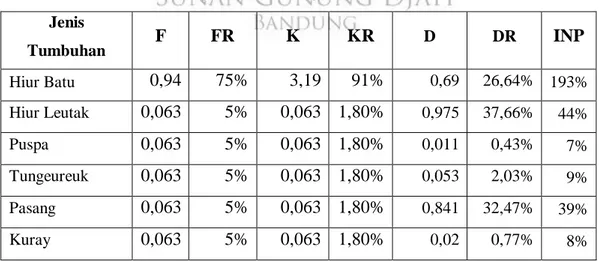 Tabel 4.2 Hasil Analisis Vegetasi Pada Tingkatan Pohon  Jenis  Tumbuhan  F  FR  K  KR  D  DR  INP  Hiur Batu  0,94  75%  3,19  91%  0,69  26,64%  193%  Hiur Leutak  0,063  5%  0,063  1,80%  0,975  37,66%  44%  Puspa  0,063  5%  0,063  1,80%  0,011  0,43%  