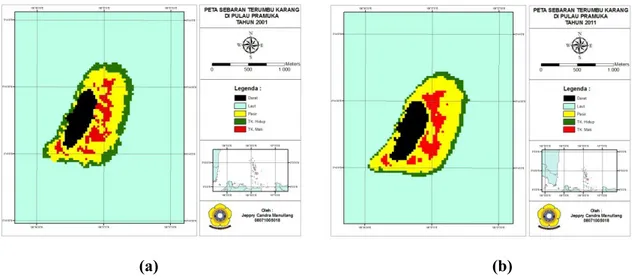 Gambar 2. Peta sebaran terumbu karang di Pulau Pramuka (a) tahun 2001 (b) tahun 2011