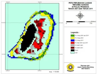 Gambar 4. Peta perubahan luasan terumbu karang di Pulau Pramuka tahun 2001 dan tahun 2011