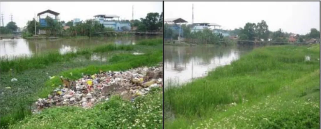 Gambar III.2  Kondisi Badan Air dan Bantaran Sungai di Beberapa Segmen Kali Bekasi  Masalah : Sebagian masih banyak terdapat gulma di badan dan dibantaran sungai Bekasi juga masih  terdapat  sampah  hasil  pembuangan  warga  sekitar  permukiman  padat  pen