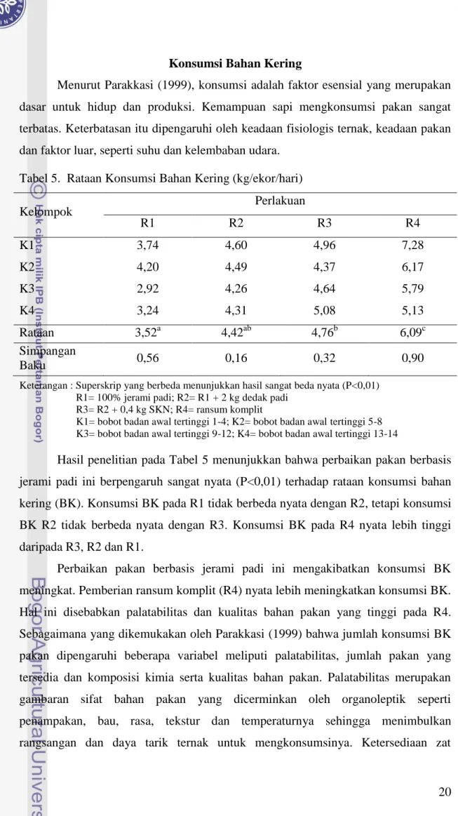 Tabel 5.  Rataan Konsumsi Bahan Kering (kg/ekor/hari) 