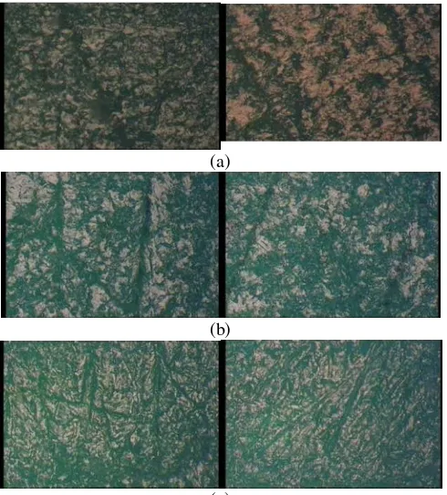 Gambar 6. Foto Mikro Permukaan Spesimen Dengan Perbesaran 100x Setelah Dilakukan Pengujian Untuk Rasio Kecepatan (a) 6.7 (b) 10.7 dan (c) 16.5 