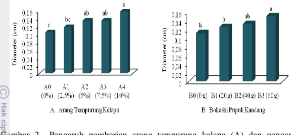 Gambar  2    Pengaruh  pemberian  arang  tempurung  kelapa  (A)  dan  pengaruh  pemberian  bokashi  pupuk  kandang  (B)  terhadap  pertumbuhan  diameter bibit E