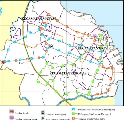 Gambar. 10. Rute angkutan umum berdasarkan kebutuhan  Hasil analisa, 2014)perjalanan penduduk kawasan perkotaan Gresik