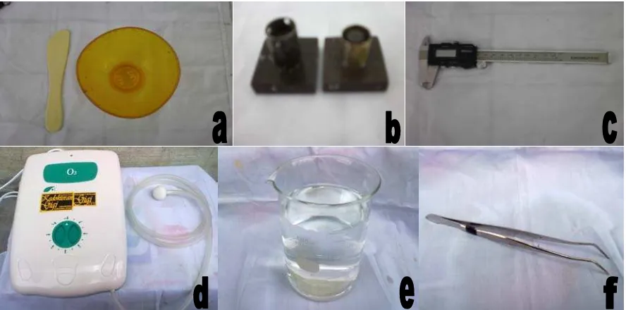 Gambar 3. Alat penelitian: a. Rubber bowl dan spatula, b. Master die logam, c. Kaliper digital, d