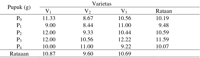 Tabel 3. Jumlah malai per rumpun padi umur 13 MST pada beberapa varietas dan pemberian pupuk NPK 