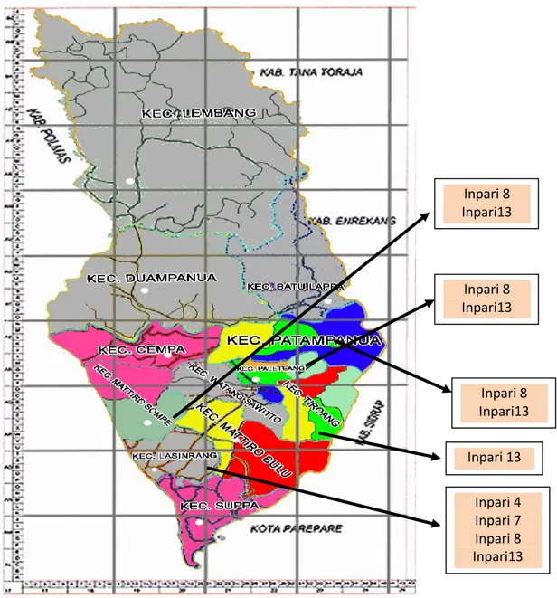 Gambar 1.  Pemetaan varietas padi berdasarkan produktivitas di Kabupaten Pinrang  Gambar  di  atas  menunjukkan  bahwa  pemetaan  varietas  padi  berdasarkan  produktivitas  direkomendasikan  pada  masing-masing  wilayah  kecamatan