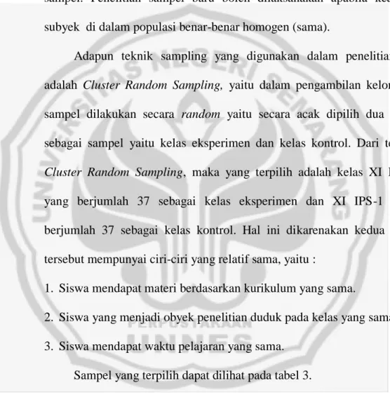 Tabel 3. Sampel kelas XI IPS-2 dan kelas XI IPS-1 