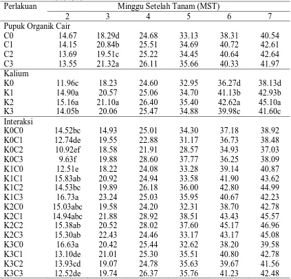 Tabel 1.  Tinggi Tanaman bawang (cm) pada perlakuan kalium dan pupuk organik cair pada umur 2, 3, 4, 5, 6 dan 7 MST  Perlakuan Minggu Setelah Tanam (MST) 