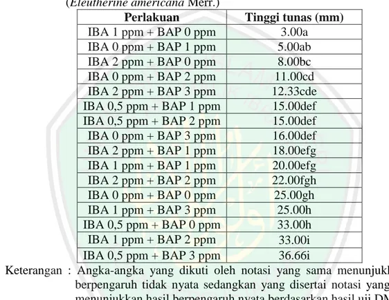 Tabel 4.2.4 Pengaruh  kombinasi IBA dan BAP terhadap tinngi tunas bawang dayak  (Eleutherine americana Merr.) 