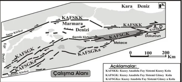Şekil 1. KAFS’nin Marmara Bölgesindeki geometrisi ve çalışma alanı (Barka, 1992; Barka,  1997;Okay vd 2000; Le Pichon vd 2000, Armijo vd 2002’den değiştirilerek), (A.D:Almacık Dağı)