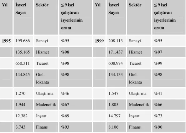 Tablo 1.4. Sektörel Bazda Türkiye’de Faaliyet Gösteren İşyerleri (1995 ve 1999) 