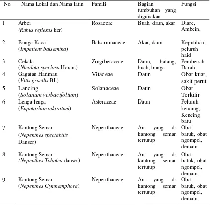 Tabel 1. Jenis-jenis tumbuhan obat yang ditemukan di kawasan gunung Sibuatan, Kecamatan Merek, Kabupten karo