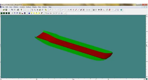 Gambar 1.  Pemodelan lambung kapal dengan menggunakan maxsurf.  