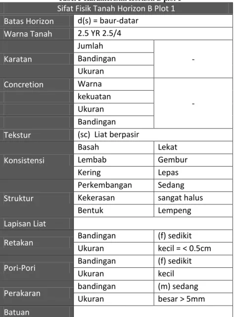 Tabel 5 Karakteristik Horizon B plot 1 