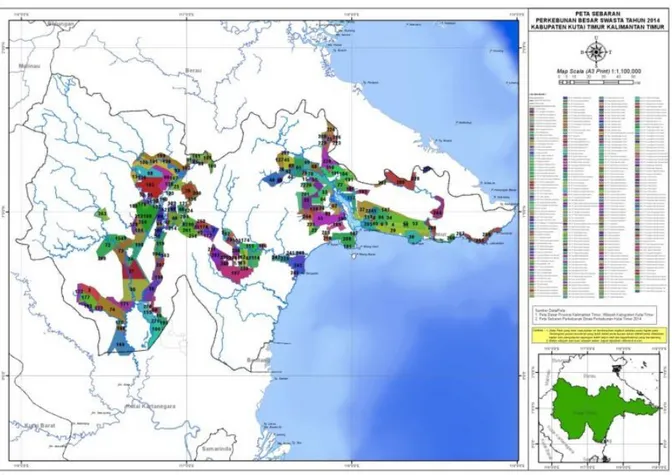 Gambar 3.1 Peta Sebaran Perkebunan Swasta Tahun 2014 di Kabupaten Kutai Timur,  Kalimantan Timur