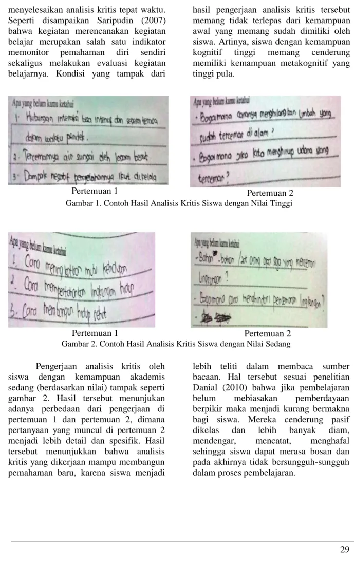 Gambar 2. Contoh Hasil Analisis Kritis Siswa dengan Nilai Sedang Pengerjaan  analisis  kritis  oleh 