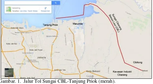 Gambar. 1.  Jalur Tol Sungai CBL-Tanjung Priok (merah). 