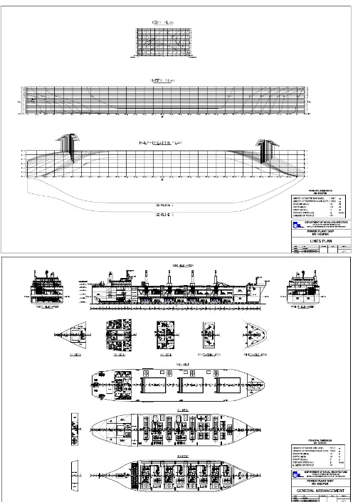 Gambar. 3.  Desain Lines Plan dan General Arrangement kapal Pembangkit Listrik Tenaga Gas (PLTG)