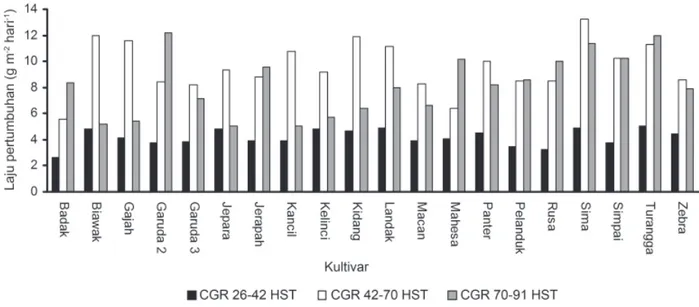 Gambar 2. Laju pertumbuhan tanaman (Crop Growth Rate, CGR) pada 26-42 HST, 42-70 HST, dan 70-91 HST