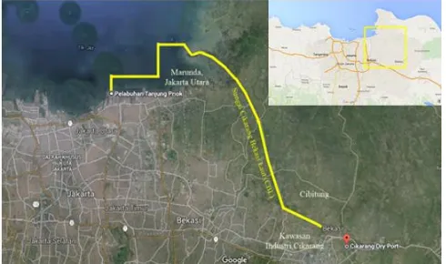 Gambar. 1.  Jalur Tol Sungai CBL - Tanjung Priok (kuning) 