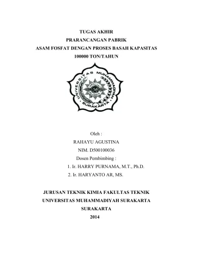 Tugas Akhir Prarancangan Pabrik Asam Fosfat Dengan Proses Basah Kapasitas Tontahun 8699