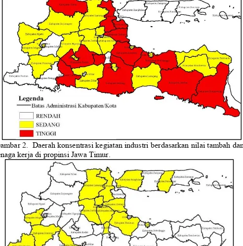 Gambar 2.  Daerah konsentrasi kegiatan industri berdasarkan nilai tambah dan  tenaga kerja di propinsi Jawa Timur