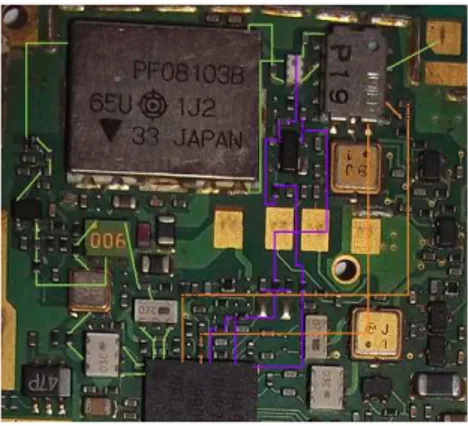 Gambar 13. Test Point Pengukuran IC PA dan Switch Antena  Tabel  5  adalah  hasil  pengukuran  tegangan  kasus 