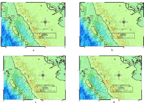 Gambar 3. Visualisasi kecepatan pergeseran (a) interseismic gempa Kepulauan Batu; (b) postseismic gempa Kepulauan Batu; (c) interseismic gempa Sumatra Selatan; (c) postseismic gempa Sumatra Selatan 