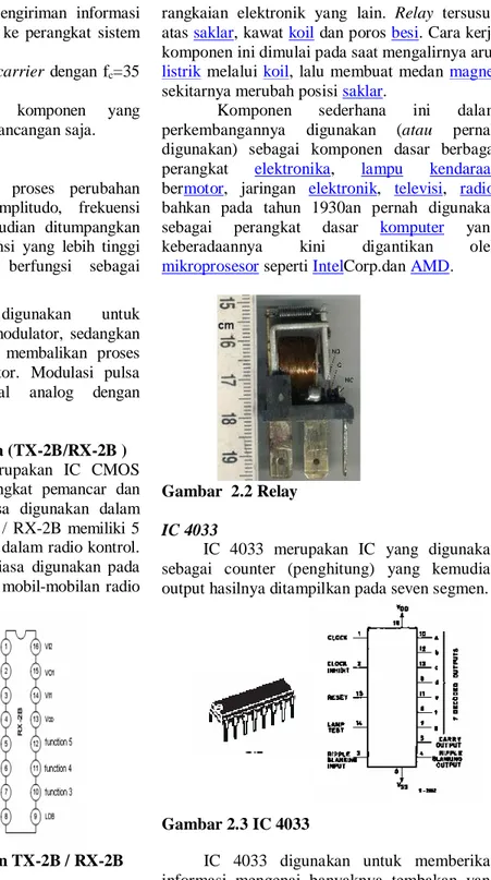 Gambar  2.1 konfigurasi pin TX-2B / RX-2B  IC  pemancar  dan  penerima   TX-2B/RX-2B  digunakan  untuk  mengirimkan  informasi  dengan  menggunakan  gelombang  radio