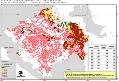 Gambar 5. Sebaran titik api (Januari 2002-Oktober 2014  pada kawasan gambut di Sumatera Selatan.