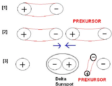 Gambar 3-1: Evolusi  bintik  matahari  menuju  tipe  magnet  Delta  akibat  dari  tumbukan  dua    coronal  loops  dengan  polaritas  yang  berbeda