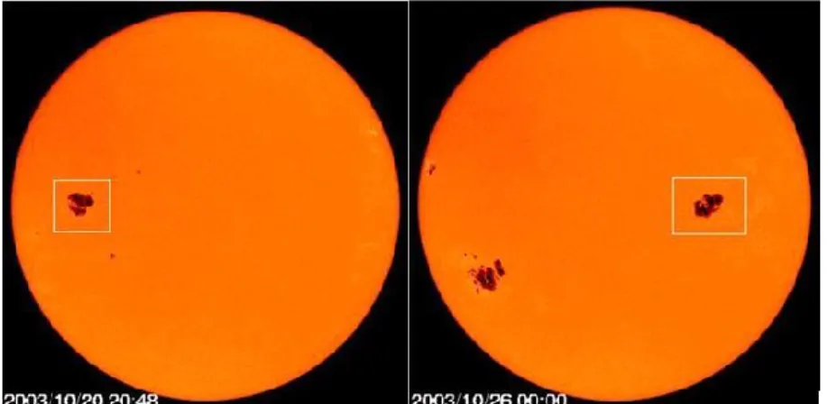 Gambar 3-3:  Kelompok  bintik  matahari  NOAA  10484  (kotak)  diamati  oleh  SOHO/MDI  Continuum  pada 20 dan 26 Oktober 2003 