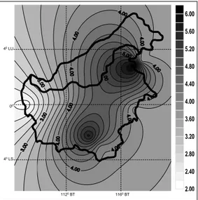 Gambar IV.13 Pola angin 1000 mb bulan  (a) Januari, dan  (b) bulan Juli   (sumber : http://www.bom.gov.au/)  2.002.402.803.203.604.004.404.805.205.606.00 112 0 BT                                     116 0 BT40LU0040LS