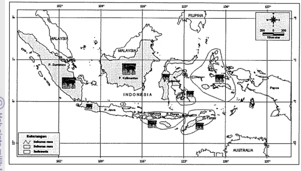 Gambar 1  Peta penyebaran rusa  di  Indonesia. (Schroder 1976). 