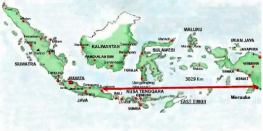 Gambar 1. Peta Indonesia yang menunjukkan letak Merauke-Surabaya  Nilai MUF didekati dengan persamaan sebagai berikut (McNamara, 1991) : 