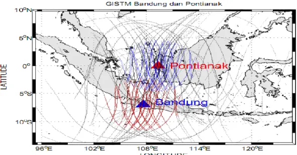Gambar 2-1: Lintasan IPP  satelit  diatas  penerima  GISTM  Pontianak,  garis  biru    adalah data dengan  elevasi &gt;35 º , garis hitam elevasi &gt;5 º