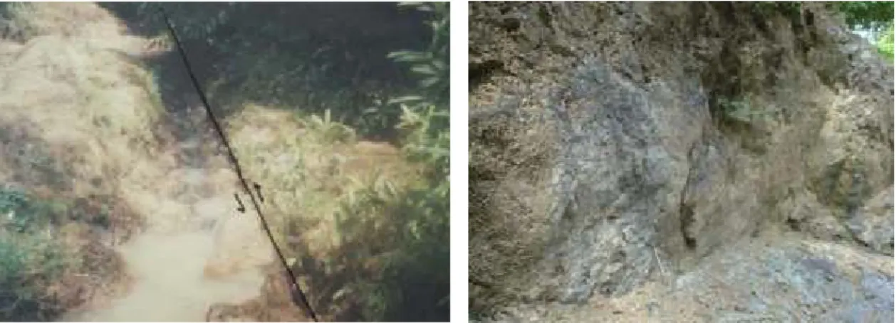 Gambar  9.  Jalur Sesar S. Kalikebo (kiri, Sudarno, 1997) dan Sesar S. Pagerjurang pada batuan serpentinit