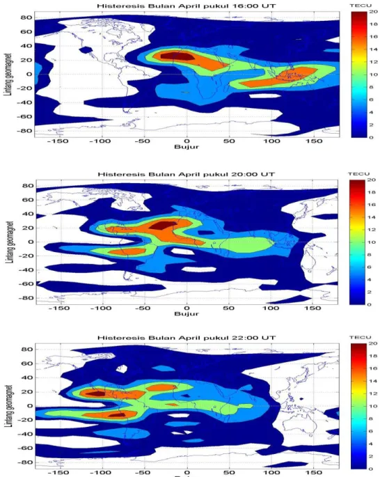 Gambar 3-6: Variabilitas histeresis ionosfer lintang rendah pada bujur yang berbeda mulai pukul 16:00  - 22:00 UT 
