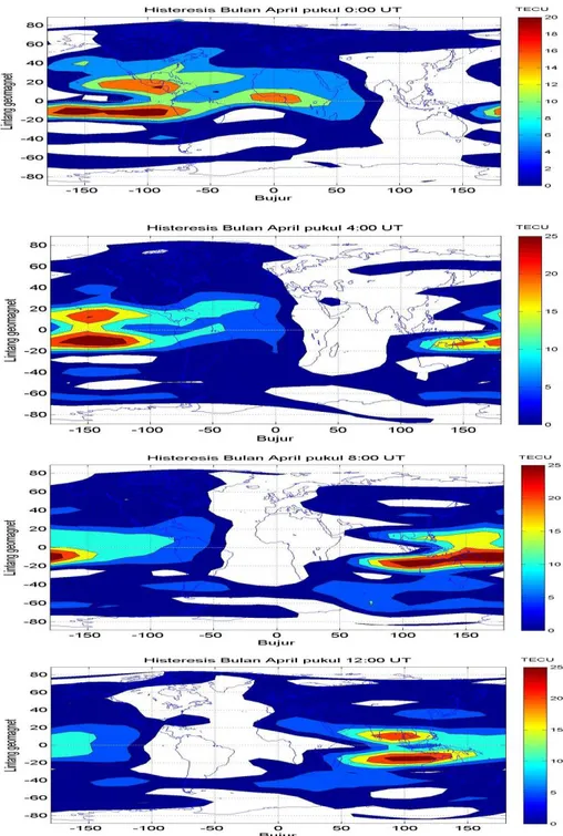 Gambar 3-5: Variabilitas histeresis ionosfer lintang rendah pada bujur yang berbeda mulai pukul 00:00  -12:00 UT 