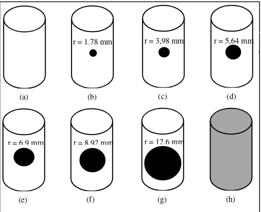 Gambar 1. Ilustrasi Spesimen Katoda dengan Goresan Berbentuk Lingkaran Seluas: (a) 0 mm(d) 100 mm2 (Full Coating), (b) 10 mm2, (c) 50 mm2, 2, (e) 150 mm2, (f) 250 mm2, (g) 500 mm2, (h) Tanpa Coating 