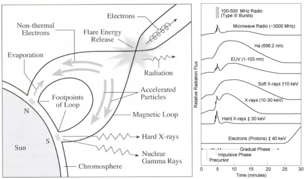 Gambar 3-1: Model pelepasan energi dalam flare (kiri), yang menghasilkan partikel dan radiasi dalam  berbagai panjang gelombang (Sumber: NASA’s Cosmos) 