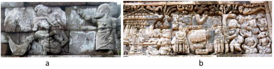 Gambar 3. Adegan bangsawan diancam raksasi pada panil B batu berelief 13 (a) dan  Relief Sudamala Candi Tegowangi (b) (Sumber: Dokumen Adwina, 2014 (a); Alifah, 