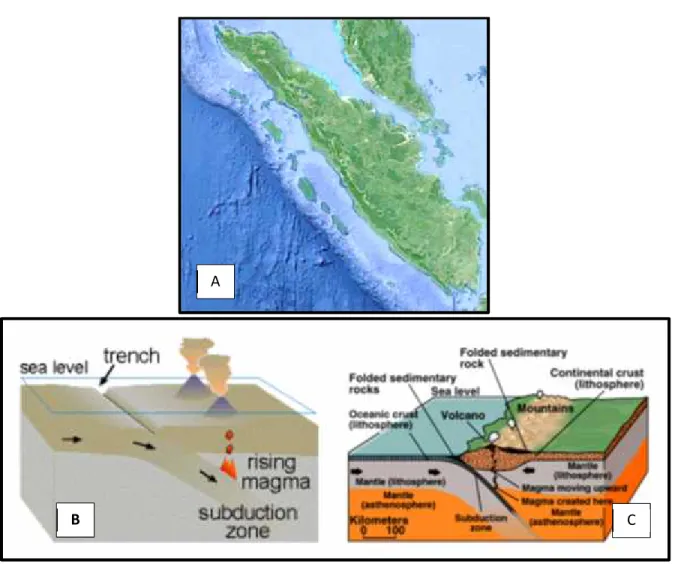 Gambar 3.5. (a) Batas konvergen sepanjang pantai Sumatera dari Google Earth. (b) Batas lempeng samudera vs konvergensi lantai samudera