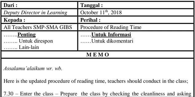 Table 2.1 Memo Procedur Reading Time 