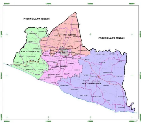 Gambar 3 Peta administrasi Provinsi Daerah Istimewa Yogyakarta  Sumber : Balai Besar Wilayah Sungai Serayu Opak, 2012