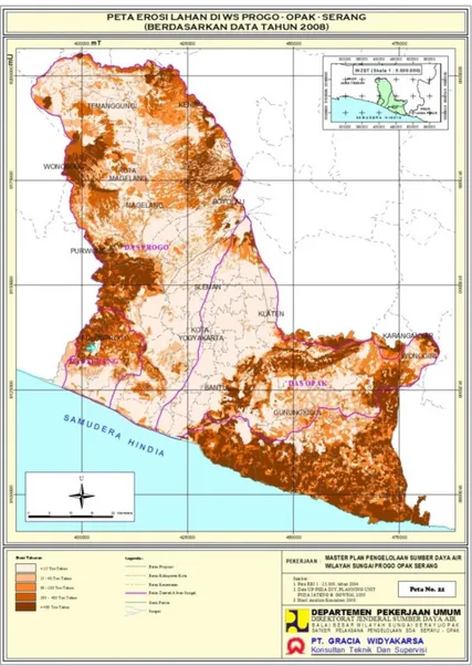 Gambar 7. Peta erosi lahan wilayah sungai Serayu-Opak tahun 2008  (Sumber : Balai BesarWilayah Sungai Serayu-Opak, 2008.)  