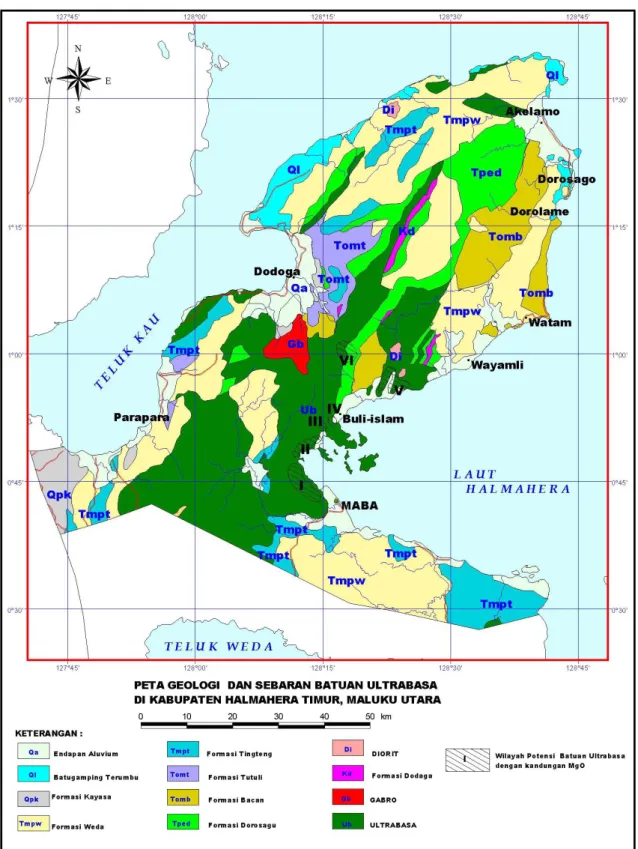 Gambar  2. Peta Geologi dan Sebaran Batuan Ultrabasa di Kab. Halmahera Timur,  Prov.  Maluku Utara