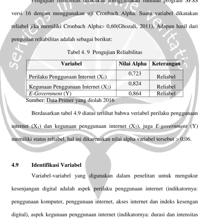 Tabel 4. 9  Pengujian Reliabilitas 