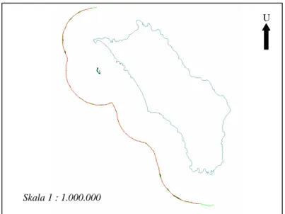 Gambar 4. 2 Perbandingan batas laut teritorial sesuai metode lingkaran digelindingkan dengan  berpusat di titik terluar dengan skala 1 : 200.000
